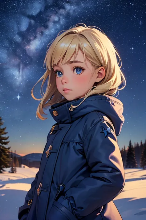 very small young girl，baby face，low length，hilly night sky. winter, winter colors, winter landscape, starry sky, sky color pruss...