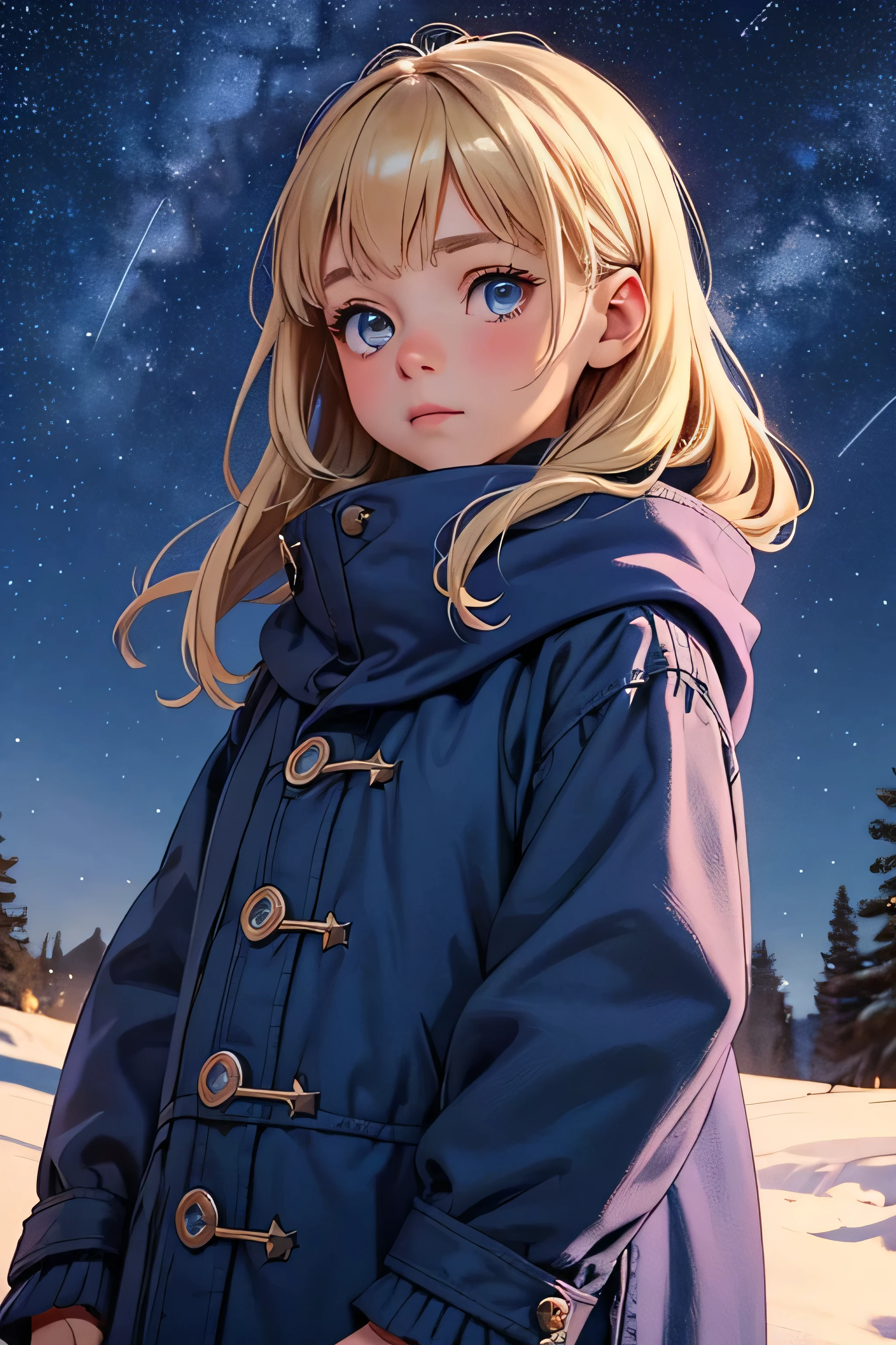 Very small young girl，Baby Face，low length，Hilly night sky. winter, winter colors, winter landscape, Starry Sky, Sky color Prussian blue Cobalt blue Purple Cyan. planet, Bright Star, Shooting Star, Tree tops moving in the wind, thre beautiful blonde girl in winter clothes observes the starry sky with a dreamy look.Girl&#39;s Temptation，