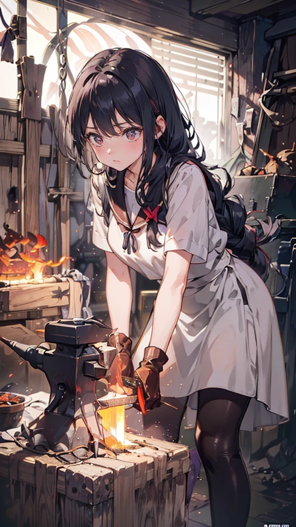 (Blacksmith schoolgirls, teenage girls, Soft lips, Glowing Skin, Braided Hair, Soft Skin:1.25, Hair Ribbon, Concentrated expression,Long, oversized leather gloves that cover the arms:1.25,Swing Big,holding a hammer in hand,Staring at the sword,she:1.25),(8k, Best Quality, masterpiece:1.2, masterpieceHighly detailed, Very detailed), Vibrant colors, Line art,Flames Dancing