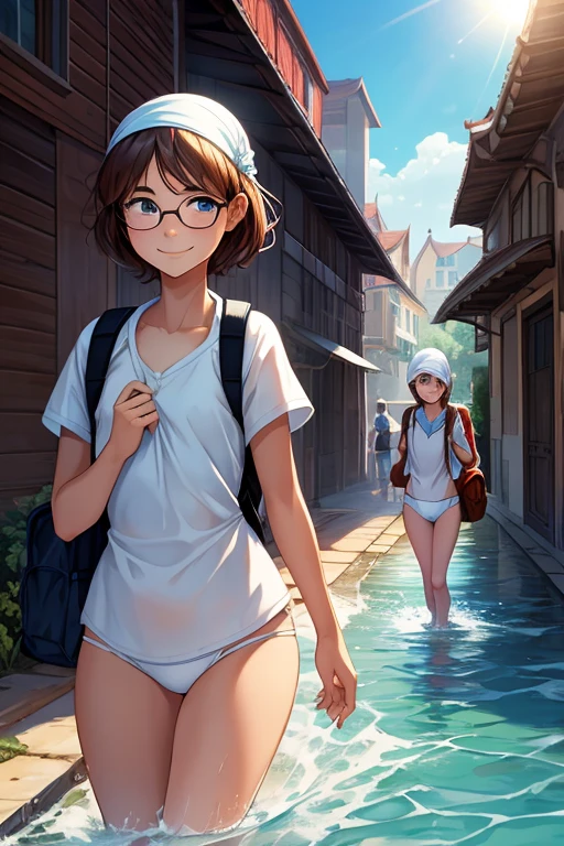 masterpiece, better quality, 2 girls, (close up), 1 teenager, thin, small chest, smile, andando na water, white shirtwhite panties, glasses on the head, (backpacks), blue sky, bright sunlight, (Flood:1.2), street under d&#39;water, city ruins, watercolor