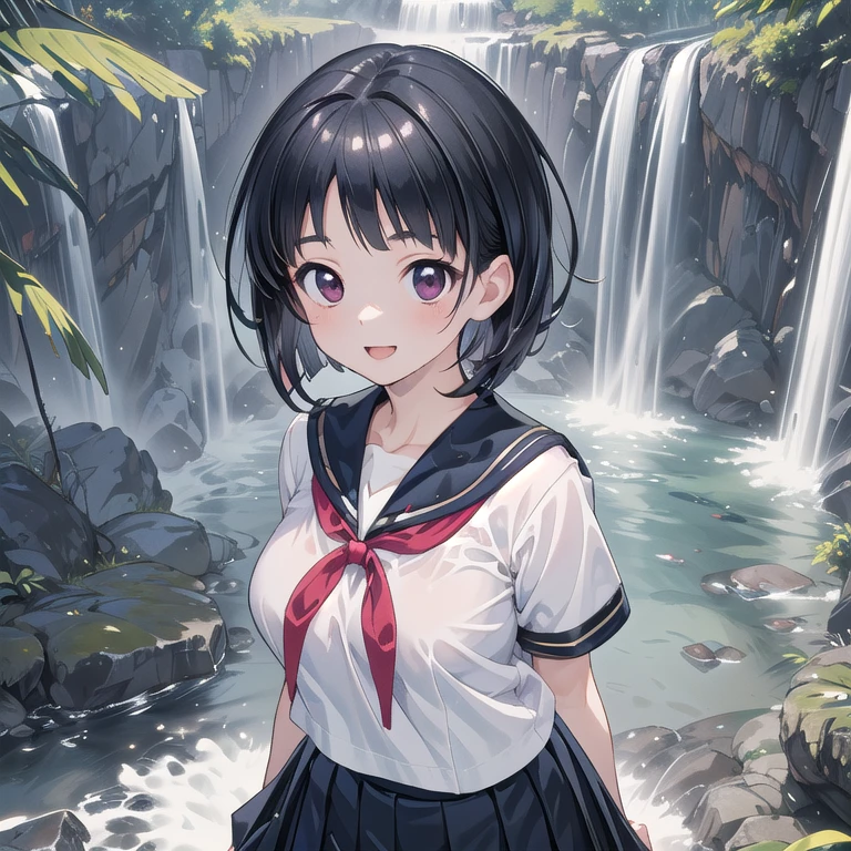 (1 adult big tall lady, adult figure, sexy style, 20 years old, mature female, slim, slender, solo, alone, kirigaya suguha, realistic detailed shiny deep black hair, beautiful detailed black shiny glossy eyes, tareme, black circle eyes, short straight hair, asymmetry bangs, swept bangs, anime screencap:1.3), (simple black forest jungle waterfall background:1.3), (school girl, sailor uniforms, short sleeves white shirt, navy skirt, sagging large impossible breasts, dynamic angle, perspective, red ribbon, surprised, walking, smile:1.3), (upper body, short bob hair, arms behind back:1.1), from above, open mouth,