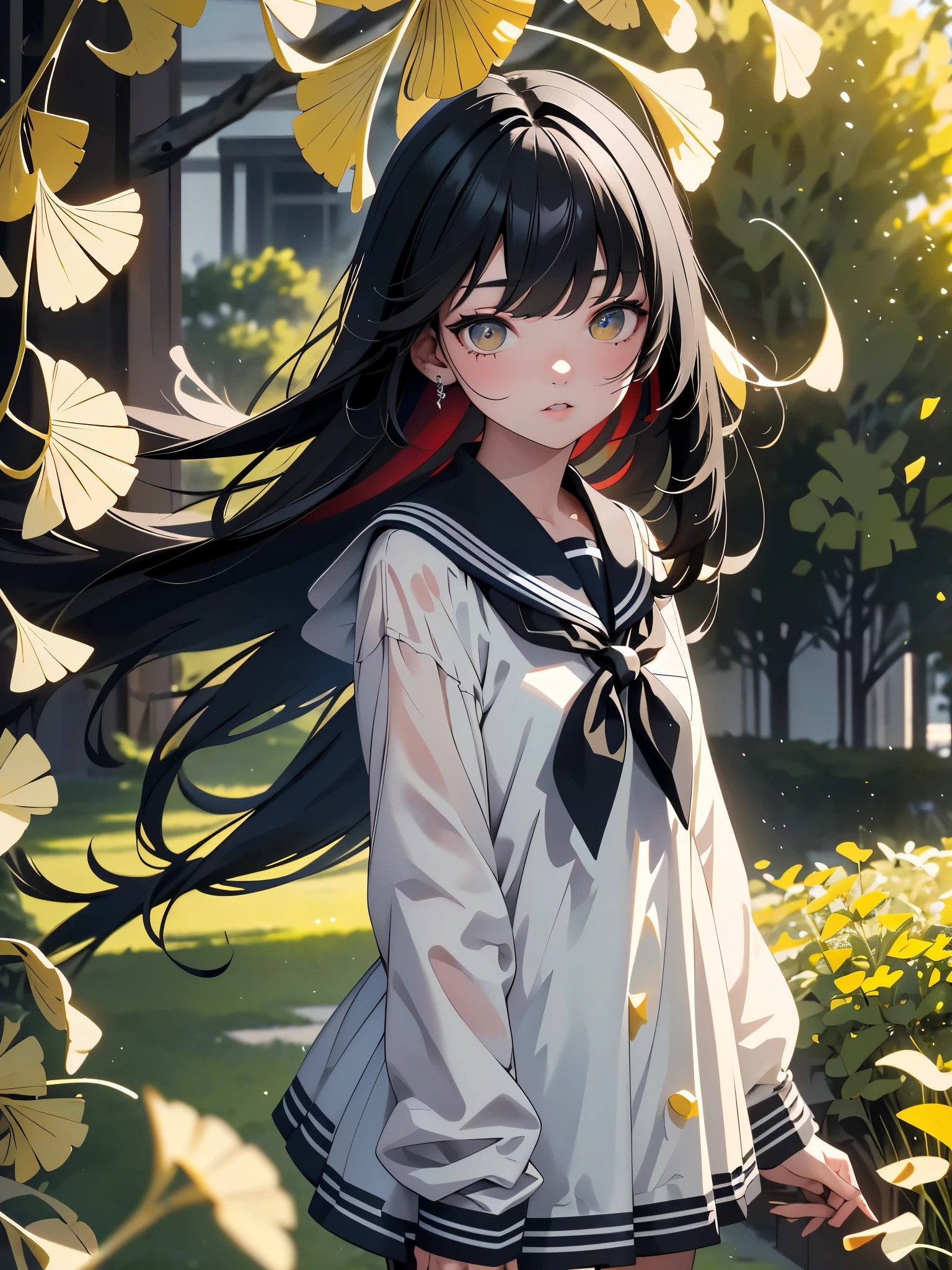 ((ultra high res)), ((masterpiece)), (highly detailed eyes and hair), One beautiful High school girl, (wears sailor suit:1.3), ((long black hair:1.4)), (bangs style is M bang), (narrow and sharp eyes:1.5), (eye color is red:1.3), (Ginkgo trees in the background:1.3), fantastic light production, best quality, photo-realistic, 8k, photon mapping, radiosity, physically-based rendering, automatic white balance, technological sense, illustration, CG, unity ,wallpaper, official art, Amazing, finely detail, an extremely delicate and beautiful, extremely detailed, highly detailed, sharp focus