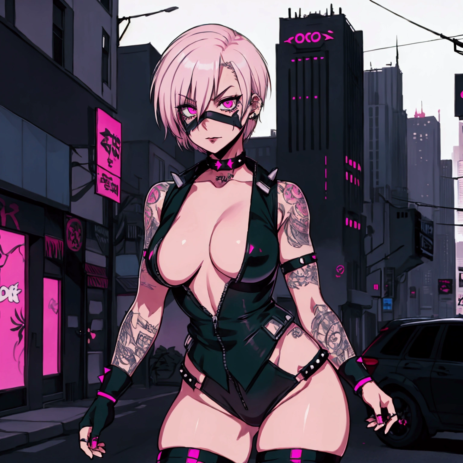 1 girl, solo, Cyber Ninja, Short hair Hair, medium breasts, pink eyes, white hair, Half-mask, tattoo, Gothic, punk, middle thighs, city, revealing outfit, body piercing, Escape, Evil look, studded choker around the neck.