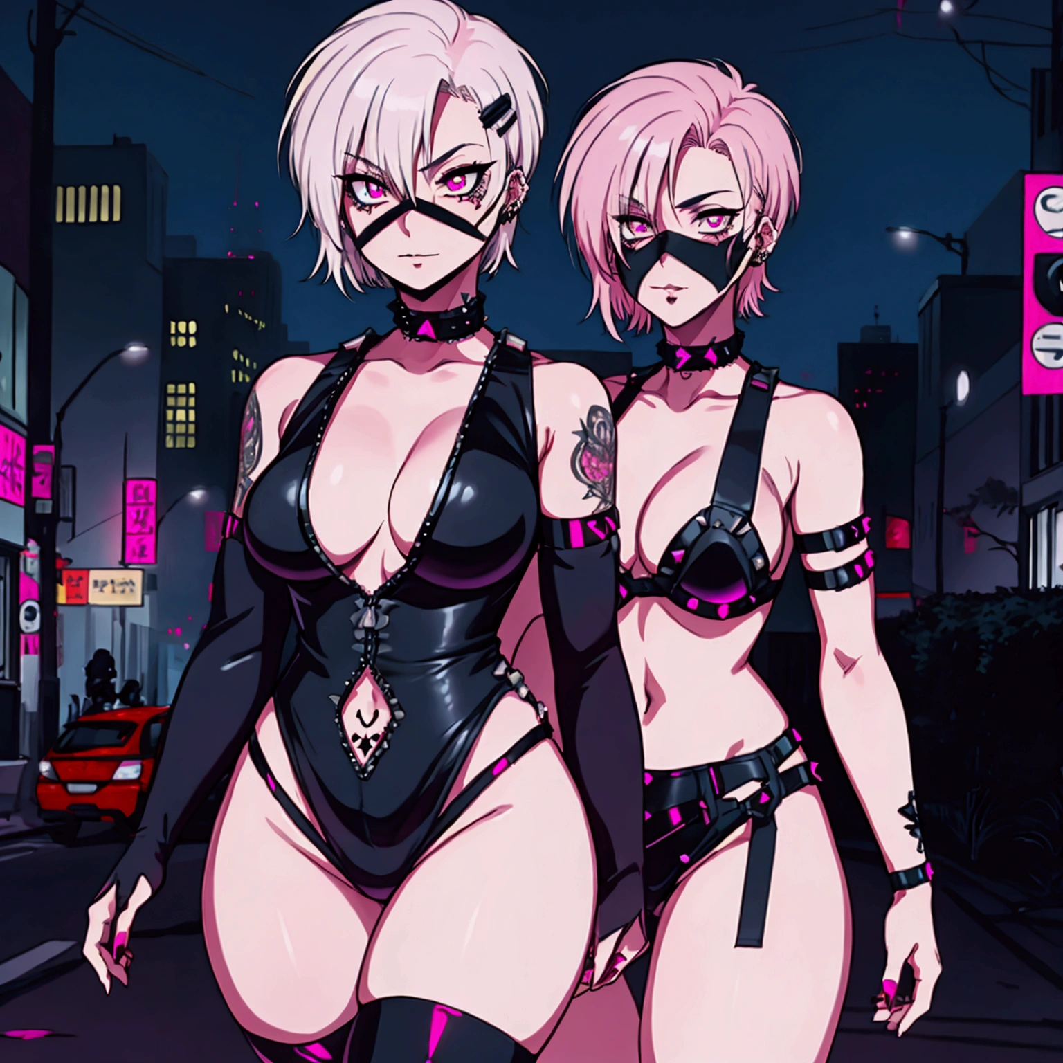 1 girl, solo, Cyber Ninja, Short hair Hair, medium breasts, pink eyes, white hair, Half-mask, tattoo, Gothic, punk, middle thighs, city, revealing outfit, body piercing, Escape, Evil look, studded choker around the neck.