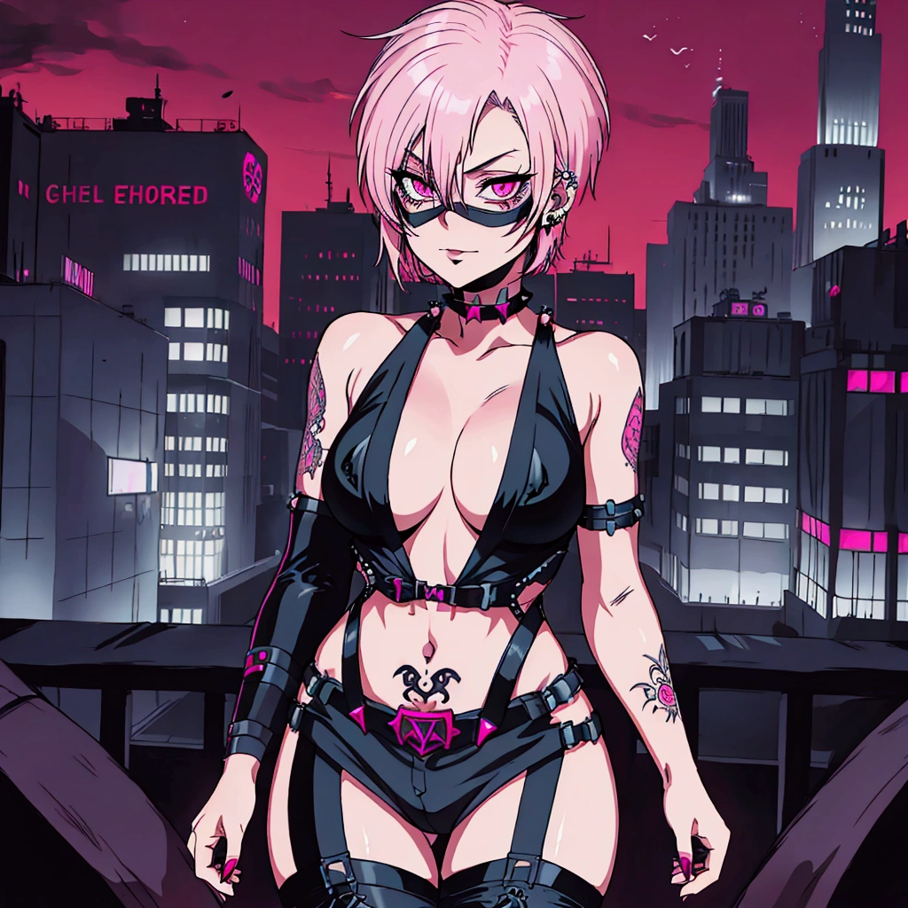 1 girl, solo, Cyber Ninja, Short hair Hair, medium breasts, pink eyes, white hair, Half-mask, tattoo, Gothic, punk, middle thighs, city, revealing outfit, body piercing, Escape, Evil look, studded choker around the neck.