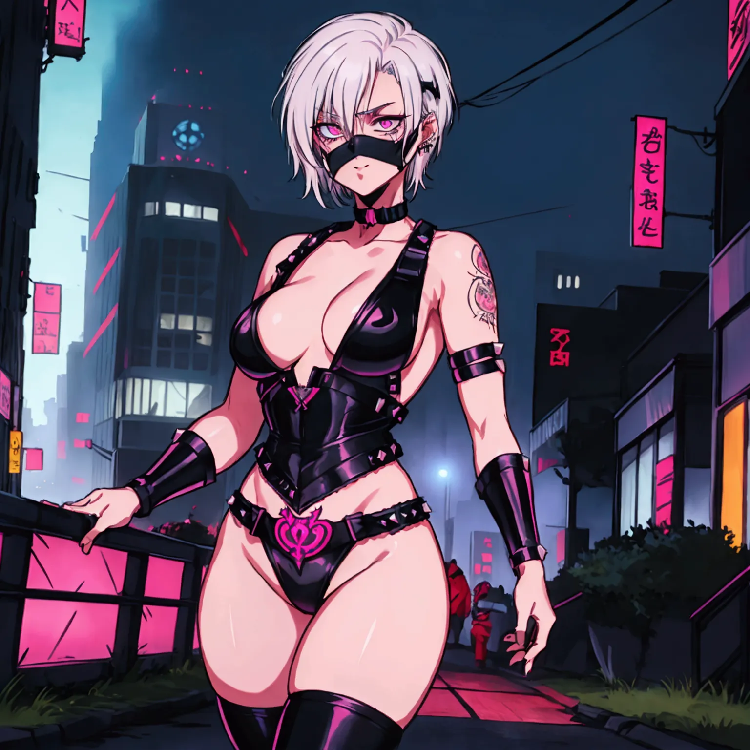 1 girl, solo, cyber ninja, short hair hair, medium breasts, pink eyes, white hair, half-mask, tattoo, gothic, punk, middle thigh...