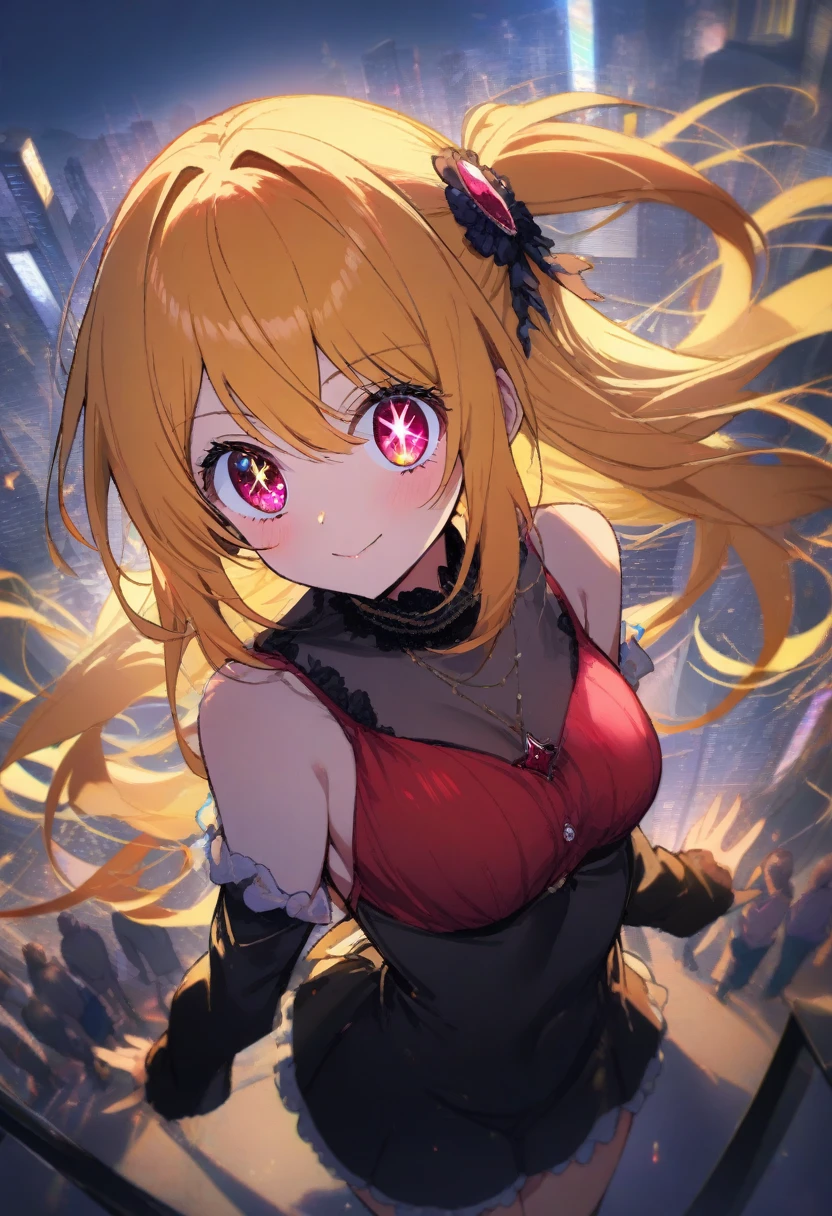 1girl, yellow hair,long twin tail,city,from above,posing for camera,hoshino ruby, oshi no ko,hair ornament, sparking eyes, star on eye,crowd,
Splashmotion,(masterpiece),best quality,very aesti