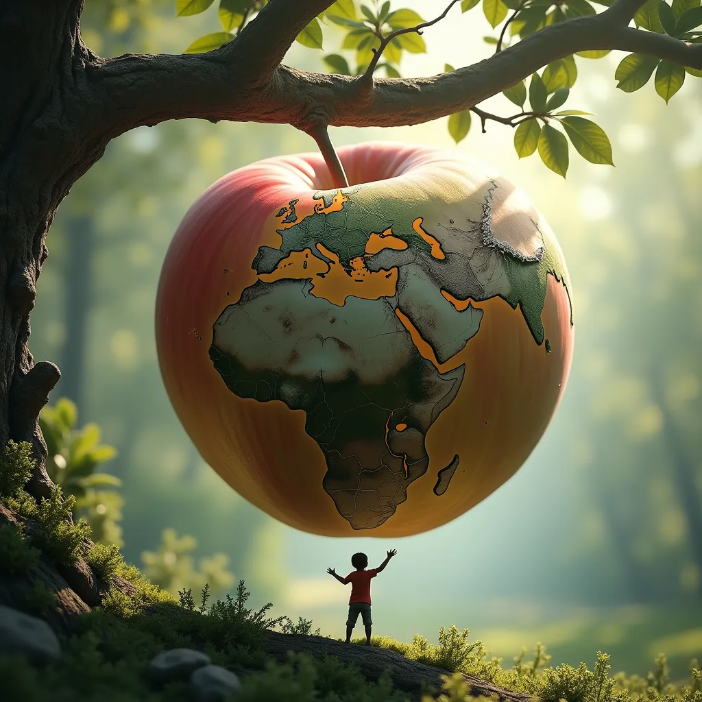 La planète terre qui a la forme d'une pomme sur sa branche et un tout petit homme en dessous qui tend les bras en direction de la terre pomme et le personnage masculin est accessible d'un robot et l'image est très réaliste et magnifique s'est une PLANÈTE TERRE en forme de pomme très réaliste cette planète en forme de pomme ressemble à la PLANÈTE TERRE S'EST LA PLANÈTE TERRE le fruit !