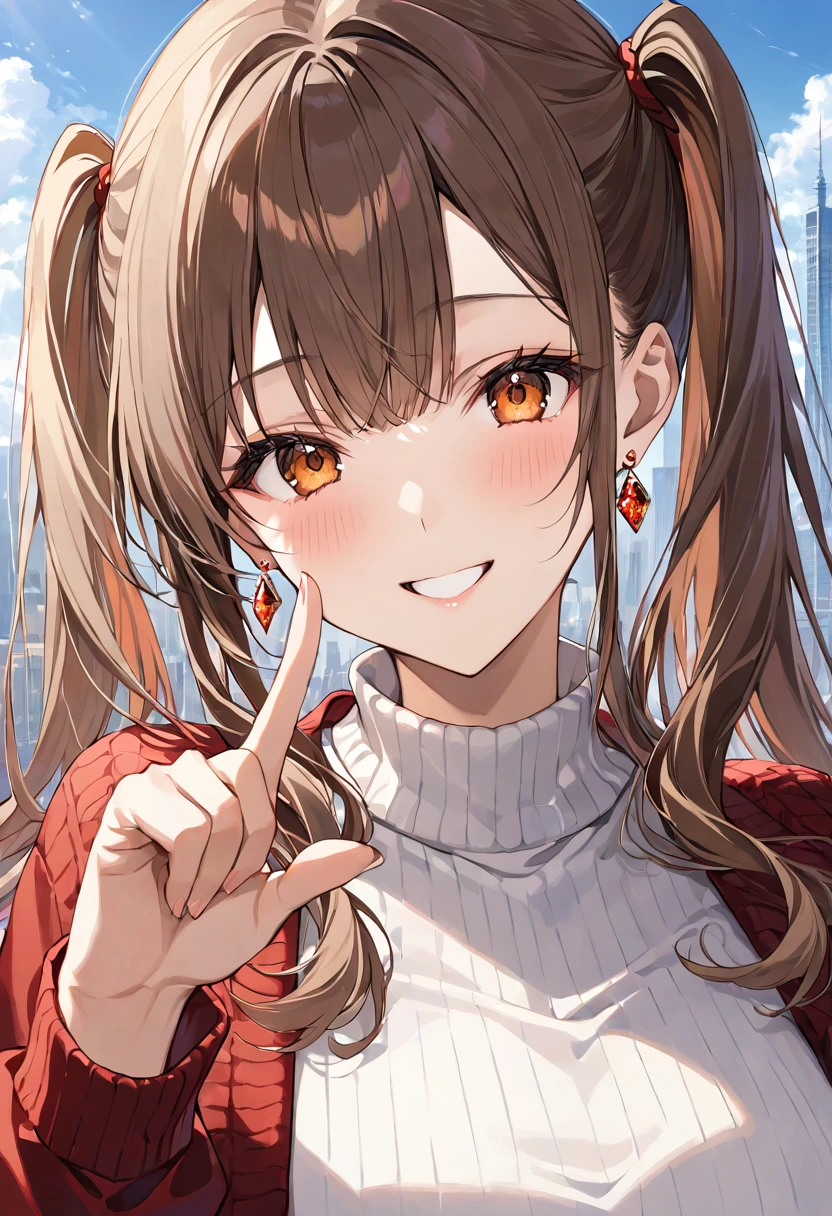 masterpieceThe best quality, ultra detailed, Shining Eyes, Beautiful fine details, Close-up portrait of a young woman with long hair, Brown hair tied in twin tails. sheLarge, Expressive amber eyes and cheerful, A slightly mischievous smile. Her cheeks are a little red. she黒い上着の上に茶色のジャケットを着ています, High neck sweater. Her right hand is raised near her face, He is making a playful gesture with his index finger pointing up. she、Large, green, diamond shaped earrings. The background is an outdoor cityscape、The details are blurred, It gives the image a vibrant and vibrant feel.. The lighting is natural, Suggests a sunny day.