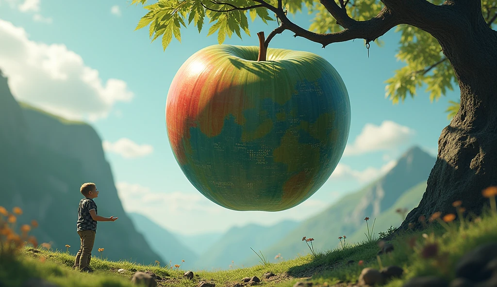 La planète terre qui a la forme d'une pomme sur sa branche et un tout petit homme en dessous qui tend les bras en direction de la terre pomme et le personnage masculin est accessible d'un robot et l'image est très réaliste et magnifique s'est une PLANÈTE TERRE en forme de pomme 