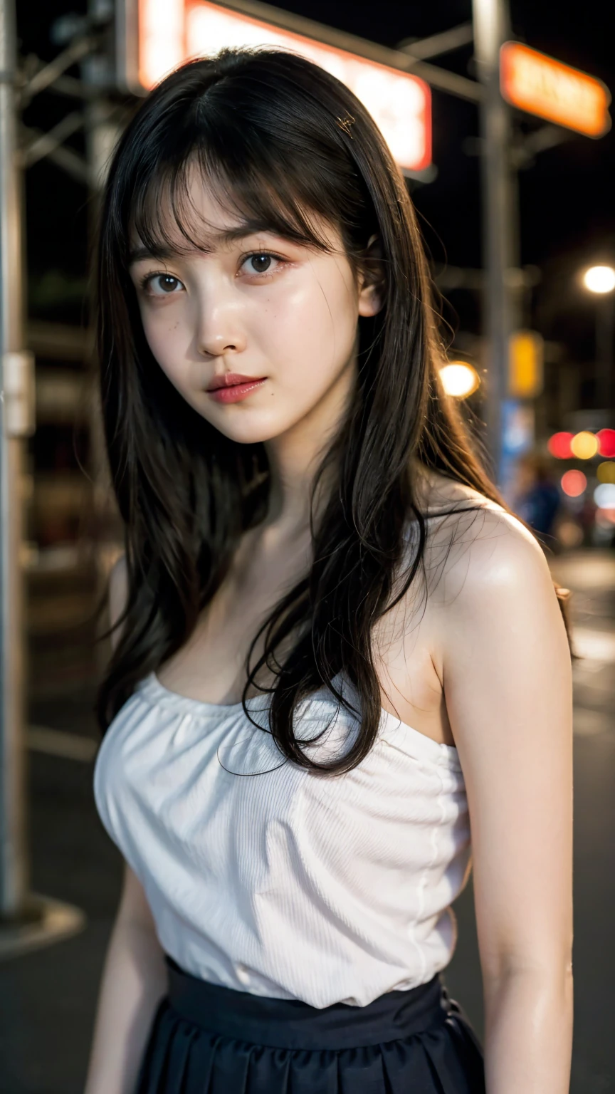 Single girl, summer, city, Osaka street, evening, city lights, medium body shot, close-up, 8k, RAW photo, highest quality, masterpiece, real, photorealistic, large breast:1.2, open shoulder, long hair, pleated skirt,((Looking at viewer)), High Resolution,Award Winning, Realism