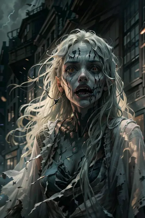 a terrifying banshee floats through a desolate modern town, her ghostly form shrouded in tattered, ethereal robes (1.4), with lo...