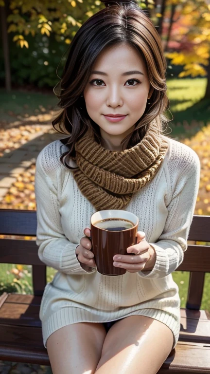 (Best Quality,4K,8k,High resolution,masterpiece:1.2),Very detailed,(Realistic,Realistic:1.3),Beautiful Autumn Holidays,Japanese Wife、Quiet atmosphere,秋のautumn leaves,Cozy atmosphere,Warm sunshine,Golden Leaf,Fresh air,Rustic wooden bench,autumn leaves,((Earth-toned scarves,Soft sweater,Long boots)),Bob Hair、Enjoy a cup of hot coffee,The faint sound of leaves,Quiet Moments,A kind smile,,Looking at the beautiful scenery,Leaves dancing in the wind,Gentle sunlight shining into the forest, Blissful Leisure, Autumn sunlight,Serene atmosphere,,Harmony with Nature,Perfect setting,Autumn color palette,amber hues,Subtle orange and yellow,Red and brown accents,Calm expression,Rich Nature,Vibrant colors,Soft Shadows,Autumn Light、A gentle gaze
