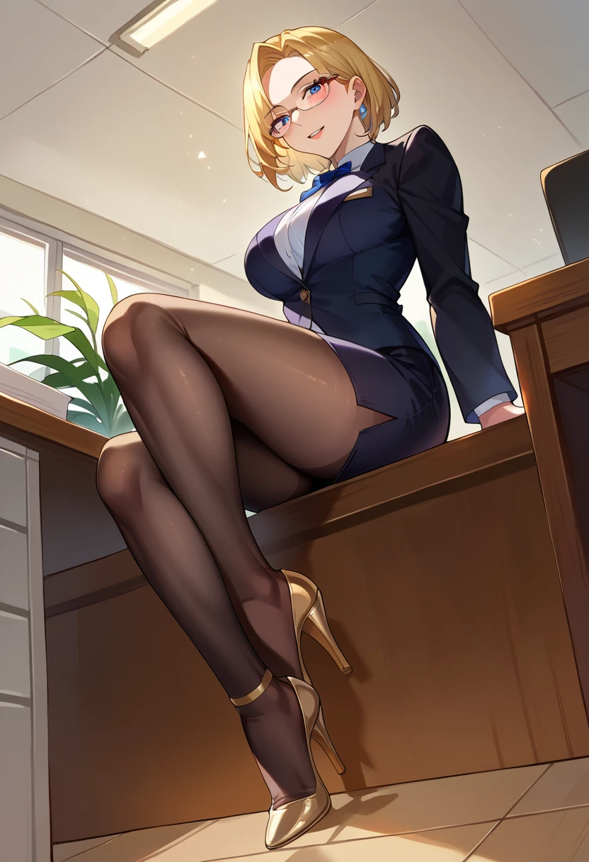 (Best Quality)), ((masterpiece)), (be familiar with) Perfect Face、Mature beautiful woman、Working in the office、Sitting in a chair,The whole body, even the toes, See the audience at your feet、Looking down、Office Style、business suit、Black jacket、White open shirt、Black knee-length pencil skirt、Black Pantyhose、She is wearing black Jimmy Choo high heel pumps、Looking Down、Pushing her high heels out towards the viewer、Trying to step on viewers with high heels 、High heels close up、Beige soles、A viewer looks up at this woman from below