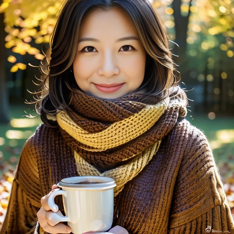 (Best Quality,4K,8k,High resolution,masterpiece:1.2),Very detailed,(Realistic,Realistic:1.3),Beautiful Autumn Holidays,Japanese Wife、Quiet atmosphere,秋のautumn leaves,Cozy atmosphere,Warm sunshine,Golden Leaf,Fresh air,Rustic wooden bench,autumn leaves,((Earth-toned scarves,Soft sweater,Long boots)),Bob Hair、Enjoy a cup of hot coffee,The faint sound of leaves,Quiet Moments,A kind smile,,Looking at the beautiful scenery,Leaves dancing in the wind,Gentle sunlight shining into the forest, Blissful Leisure, Autumn sunlight,Serene atmosphere,,Harmony with Nature,Perfect setting,Autumn color palette,amber hues,Subtle orange and yellow,Red and brown accents,Calm expression,Rich Nature,Vibrant colors,Soft Shadows,Autumn Light、A gentle gaze、Middle-aged skin
