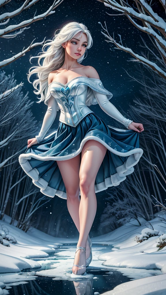 1girl,  solo, (best quality,4k,8k,highres,masterpiece:1.2),ultra-detailed,(realistic,photorealistic,photo-realistic:1.37),night,full moon,arctic fox girl, silver off the shoulder princess outfit,snowy landscape,engaging eyes,wavy white fur,curious expression,elegantly seated,transfixing gaze,intimate connection,serene atmosphere,winter wonderland,icy cold breaths,subtle moonlight reflection,soft snowflakes falling,calming silence,wildlife beauty,ethereal scene,peaceful encounter,deep sense of awe,dreamlike ambiance,natural elegance,frozen tranquility,enchanted encounter,unique sighting,emotional depth,sublime masterpiece,immersed in nature,vivid colors,crisp details,sharp focus, luminous whites, mysterious shadows,vibrant hues,dark blue tones,subtle gradient,subdued lighting,frozen world,glowing eyes,harmony with nature, reflective mood, distinctive charm. mid-twirl with a flowing skirt swirling around her legs, creating a sense of motion and freedom. Her arms can be outstretched or gently holding the edges of the skirt to emphasize the twirling movement. The body should be slightly angled to highlight the fluid lines of the skirt in motion.
