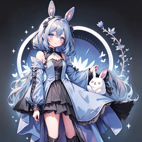 chibi、royal blue background、black clothes、long sleeves with flared cuffs、shoulders are exposed、one-piece flared skirt、a rabbit h...