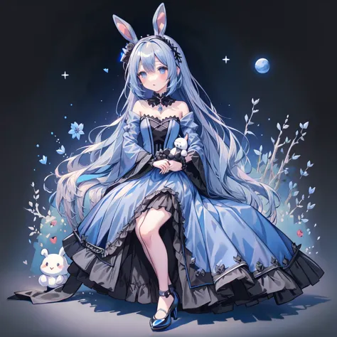 chibi、royal blue background、black clothes、long sleeves with flared cuffs、shoulders are exposed、one-piece flared skirt、a rabbit h...