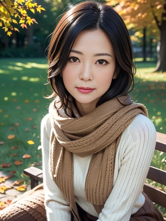 (Best Quality,4K,8k,High resolution,masterpiece:1.2),Very detailed,(Realistic,Realistic:1.3),Beautiful autumn holidays,Japanese Wife、Quiet atmosphere,秋のautumn leaves,Cozy atmosphere,Warm sunshine,Golden Leaf,Fresh air,Rustic wooden bench,autumn leaves,((Earth-toned scarves,Soft sweater,Long boots)),Bob Hair、Enjoy a cup of hot coffee,The faint sound of leaves,Quiet Moments,A kind smile,,Looking at the beautiful scenery,Leaves dancing in the wind,Gentle sunlight shining into the forest, Blissful Leisure, Autumn sunlight,Serene atmosphere,,Harmony with Nature,Perfect setting,Autumn color palette,Amber tint,Subtle orange and yellow,Red and brown accents,Calm expression,Rich Nature,Vibrant colors,Soft Shadows,Autumn Light、A gentle gaze、Middle-aged skin
