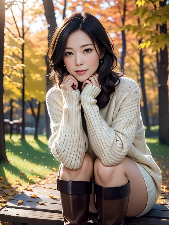 (Best Quality,4K,8k,High resolution,masterpiece:1.2),Very detailed,(Realistic,Realistic:1.3),Beautiful autumn holidays,Japanese Wife、Quiet atmosphere,秋のautumn leaves,Cozy atmosphere,Warm sunshine,Golden Leaf,Fresh air,Rustic wooden bench,autumn leaves,((Earth-toned scarves,Soft sweater,Long boots)),Bob Hair、Enjoy a cup of hot coffee,The faint sound of leaves,Quiet Moments,A kind smile,,Looking at the beautiful scenery,Leaves dancing in the wind,Gentle sunlight shining into the forest, Blissful Leisure, Autumn sunlight,Serene atmosphere,,Harmony with Nature,Perfect setting,Autumn color palette,Amber tint,Subtle orange and yellow,Red and brown accents,Calm expression,Rich Nature,Vibrant colors,Soft Shadows,Autumn Light、A gentle gaze、Middle-aged skin
