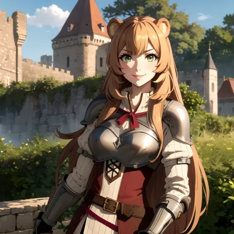 raphtalia woman , blonde, blonde hair , bear ears, lemon green eyes,  pechos grandes, escote, evil smile, wearing low-cut armor ...