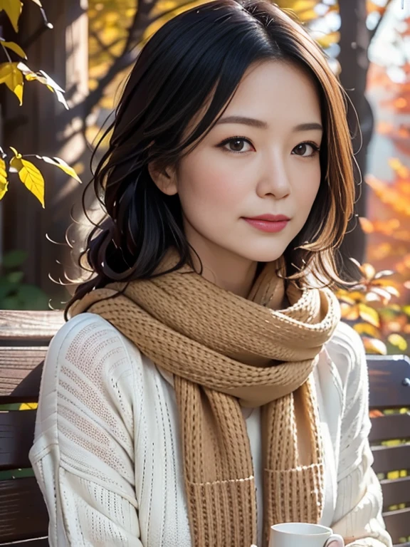 (Best Quality,4K,8k,High resolution,masterpiece:1.2),Very detailed,(Realistic,Realistic:1.3),Beautiful autumn holidays,Japanese Wife、Quiet atmosphere,秋のautumn leaves,Cozy atmosphere,Warm sunshine,Golden Leaf,Fresh air,Rustic wooden bench,autumn leaves,((Earth-toned scarves,Soft sweater,Long boots)),Bob Hair、Enjoy a cup of hot coffee,The faint sound of leaves,Quiet Moments,A kind smile,,Looking at the beautiful scenery,Leaves dancing in the wind,Gentle sunlight shining into the forest, Blissful Leisure, Autumn sunlight,Serene atmosphere,,Harmony with Nature,Perfect setting,Autumn color palette,Amber tint,Subtle orange and yellow,Red and brown accents,Calm expression,Rich Nature,Vibrant colors,Soft Shadows,Autumn Light、A gentle gaze、Middle-aged skin
