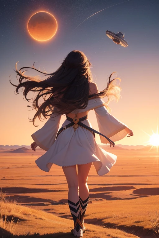 Hair floating in the air, back view, Look at the sun, There is a starship in the sky, Three suns, A  with black hair, , Stop in the steppe, landscape, universe, 8k, super detail