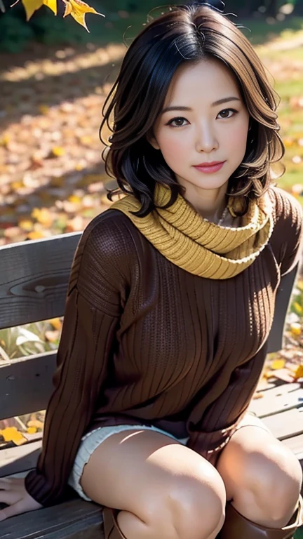 (Best Quality,4K,8k,High resolution,masterpiece:1.2),Very detailed,(Realistic,Realistic:1.3),Beautiful autumn holidays,Japanese Wife、Quiet atmosphere,秋のautumn leaves,Cozy atmosphere,Warm sunshine,Golden Leaf,Fresh air,Rustic wooden bench,autumn leaves,((Earth-toned scarves,Soft sweater,Long boots)),Bob Hair、Enjoy a cup of hot coffee,The faint sound of leaves,Quiet Moments,A kind smile,,Looking at the beautiful scenery,Leaves dancing in the wind,Gentle sunlight shining into the forest, Blissful Leisure, Autumn sunlight,Serene atmosphere,,Harmony with Nature,Perfect setting,Autumn color palette,Amber tint,Subtle orange and yellow,Red and brown accents,Calm expression,Rich Nature,Vibrant colors,Soft Shadows,Autumn Light、A gentle gaze、Middle-aged skin
