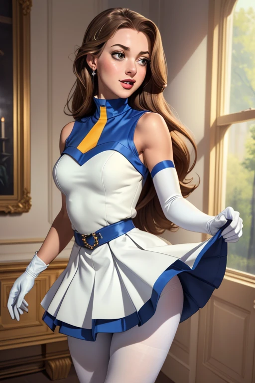 ((better quality)), ((masterpiece)), ((1 girl)), Alone, Balsa, ((long hair)), BalsaBase, ((pantyhose)), bare shoulders, ((joy)), ((sleeveless)), White dress, blue skirt, ((gloves)), thigh high, behind.