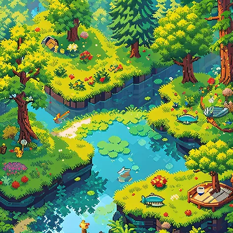 (top quality,4k,8k,mackerel,masterpiece:1.2),pixel art, forest landscape with pond and many trees,