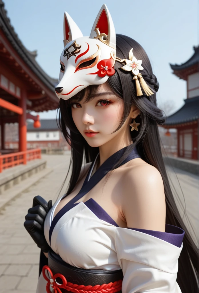 Long-range view, 1 girl,(sparkle \(honkai: star rail\),1girl,Alone,gloves,mask,japanese clothes,black gloves,bare shoulders) Long hair, Bangs between the eyes, straight hair, รอยยิ้มEvil, Evil, Red eyes, Multiple perspective view, Personal view, Fox Mask, Mask raised above the head, Half mask,