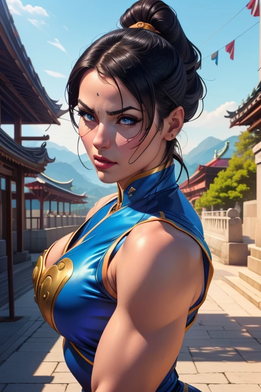 1girl, chun li, blue short qipao, fighting pose, full body, athletic build, large bust, buddhist temple background, street fighter 2 character, detailed face and eyes, long eyelashes, detailed lips, intricate details, vivid colors, dramatic lighting, (best quality,4k,8k,highres,masterpiece:1.2),ultra-detailed,(realistic,photorealistic,photo-realistic:1.37)