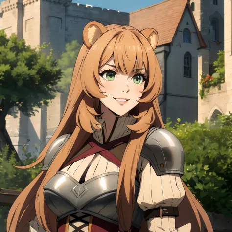 raphtalia woman , blonde, blonde hair , bear ears, lemon green eyes,  pechos grandes, escote, evil smile, wearing low-cut armor ...