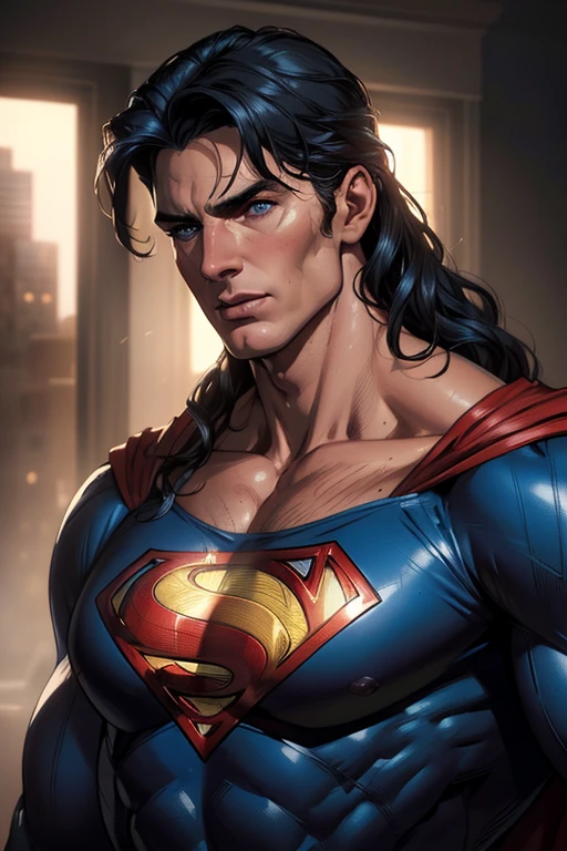 a strong muscular man in a blue suit with a red cape, Christopher Reeve as Superman, extremely detailed face, beautiful eyes, beautiful lips, chiseled jawline, superhero, dramatic lighting, cinematic, cinematic lighting, blockbuster movie, (best quality,4k,8k,highres,masterpiece:1.2),ultra-detailed,(realistic,photorealistic,photo-realistic:1.37), cinematic portrait, heroic pose, DC comics, Richard Donner