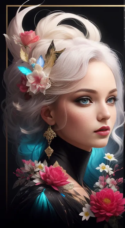 (skeleton image: 0.4), (pretty princess), (long flowing white hair), (bright and beautiful eyes), art station trend, flowers of ...