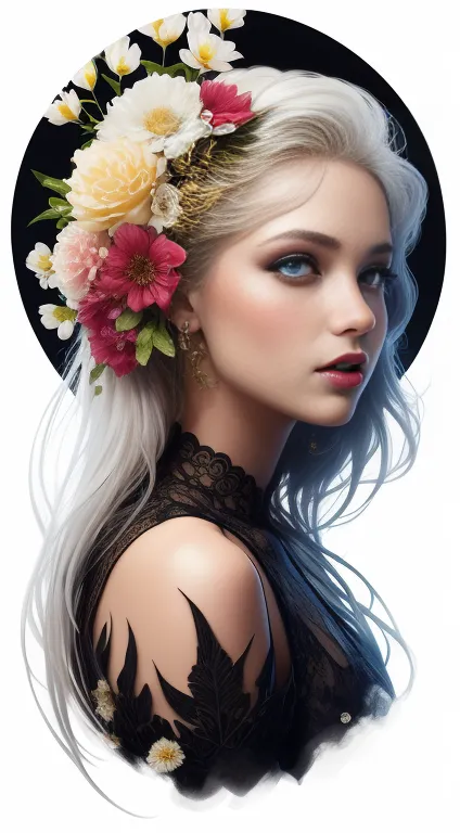 (skeleton image: 0.4), (pretty princess), (long flowing white hair), (bright and beautiful eyes), art station trend, flowers of ...