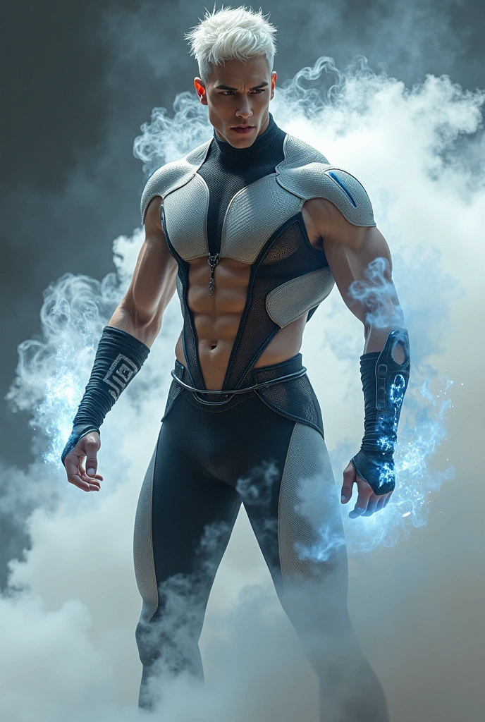 Full body photorealistic handsome hunky young slender futuristic male hero with white hair wearing a silver and black micro scale textured transparent mesh costume, and wristbands that can manipulate technology, his body is covered with energy of smoke, smoke swirling floating everywhere,,super Bulge. In action..