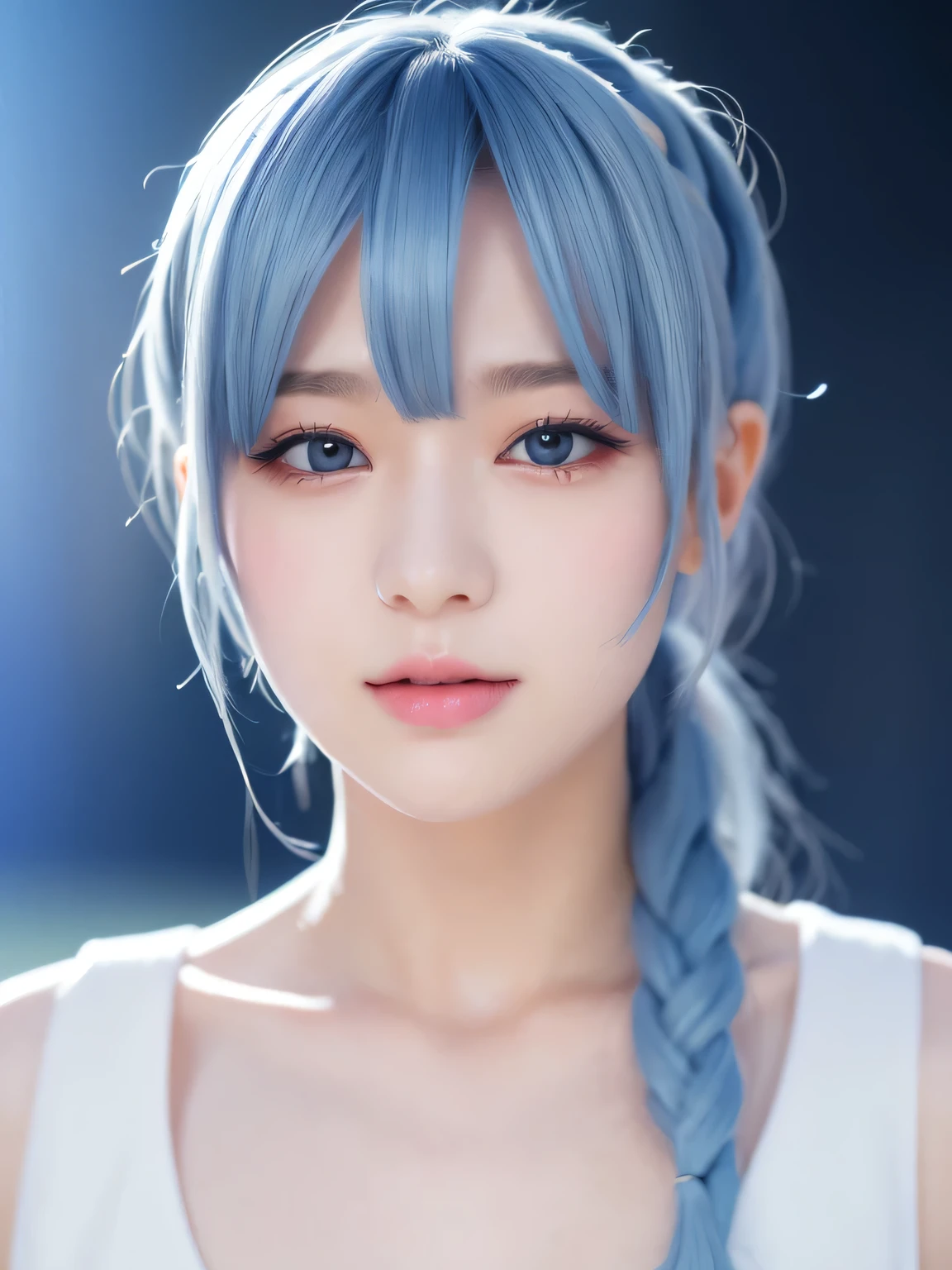 (Best Quality, masutepiece:1.2), 1 girl, schoolgirl, Solo, sky blue hair,Eyes with beautiful details,The upper part of the body, ear, side ponytail hair, white school unifrom, blue tie, Very detailed、Super Resolution、Natural color lip、Lip gloss、(((Blurred Background:1.5、Cinema Lighting、【Professional photographer】))), (Gorgeous design:1.2) (soft smile), (Cute Breasts:1.3), ((half body))