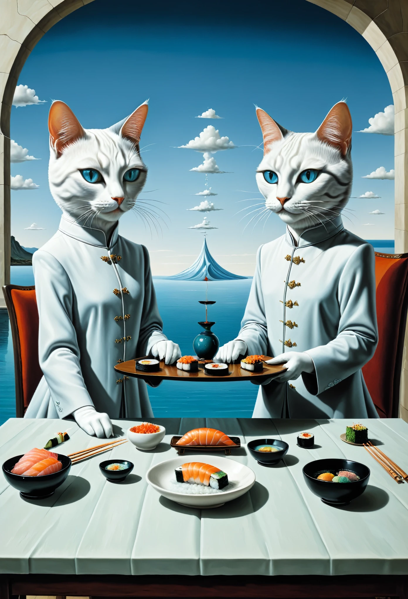 two wizard cats at table with sushi, NO HANDS - surrealist style, surrealist artwrok, dream like, Salvador Dali style, Rene Magritte style, highly detailed, masterpiece, painting-like, HD