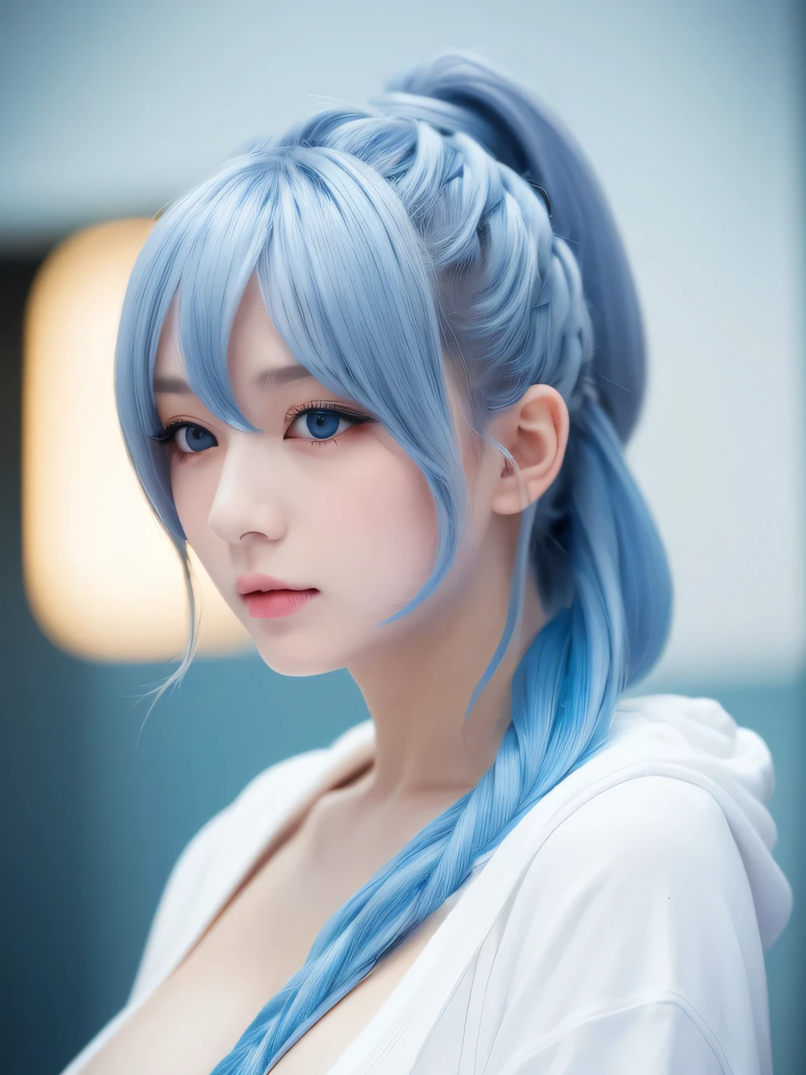 (Best Quality, masutepiece:1.2), 1 girl, schoolgirl, Solo, sky blue hair,Eyes with beautiful details,The upper part of the body, ear, side ponytail hair, white hoodie, blue tie, Very detailed、Super Resolution、Natural color lip、Lip gloss、(((Blurred Background:1.5、Cinema Lighting、【Professional photographer】))), (Gorgeous design:1.2) (soft smile), (Cute Breasts:1.3), ((half body))