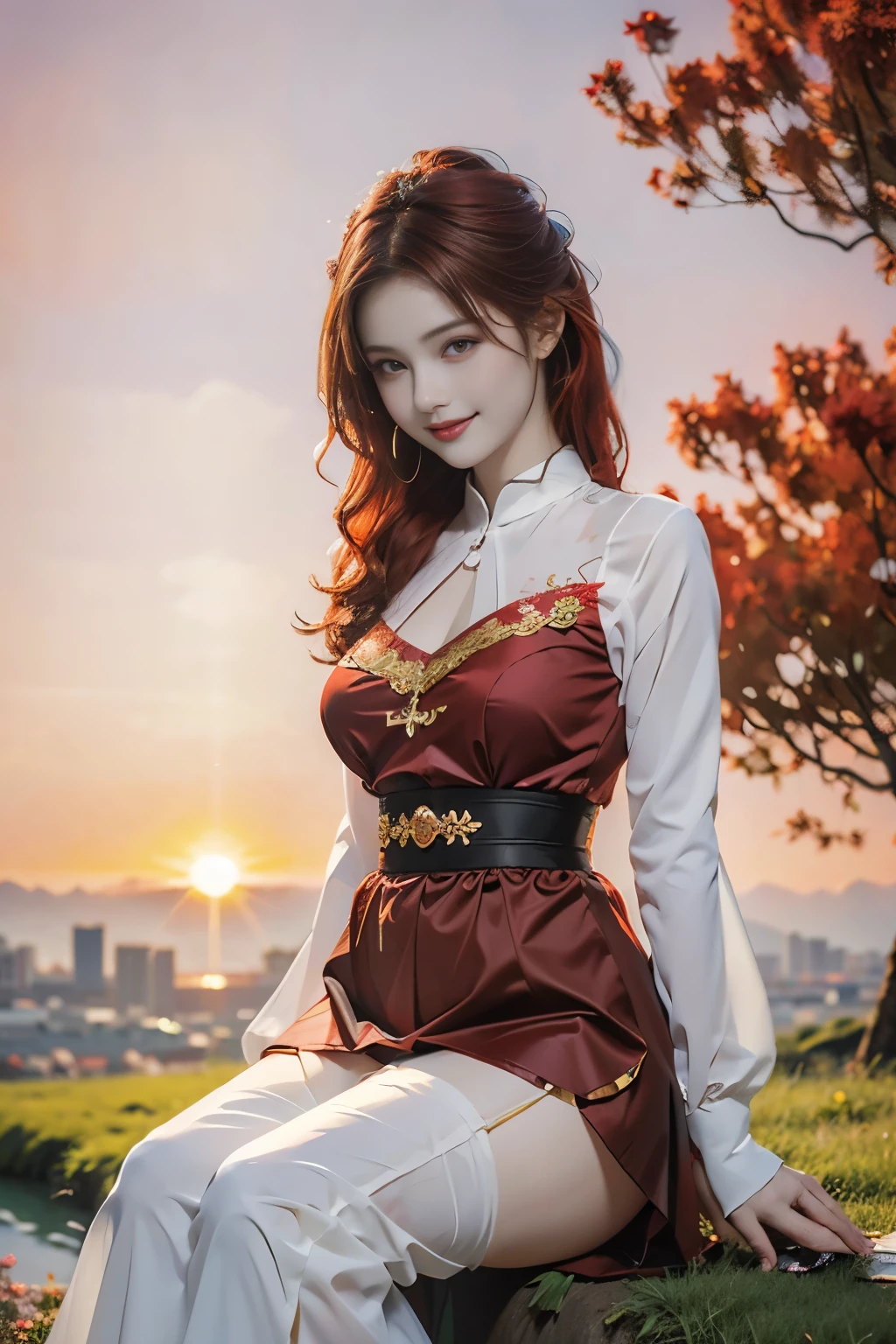 （masterpiece），Very beautiful girl，20 years old，(Smile),((Bright red hair))，(((Magic effect painting)))，Bright eyes，Thin lips，Fair and translucent skin，(healthy)Physical Fitness（Large Breasts：1.25）,（Ultra-delicate），Top sexy tulle(Clothes transparent 1.3)，((Colorful sunset background)) ，Sit on the grass and rest，Ultra HD，Full body photo