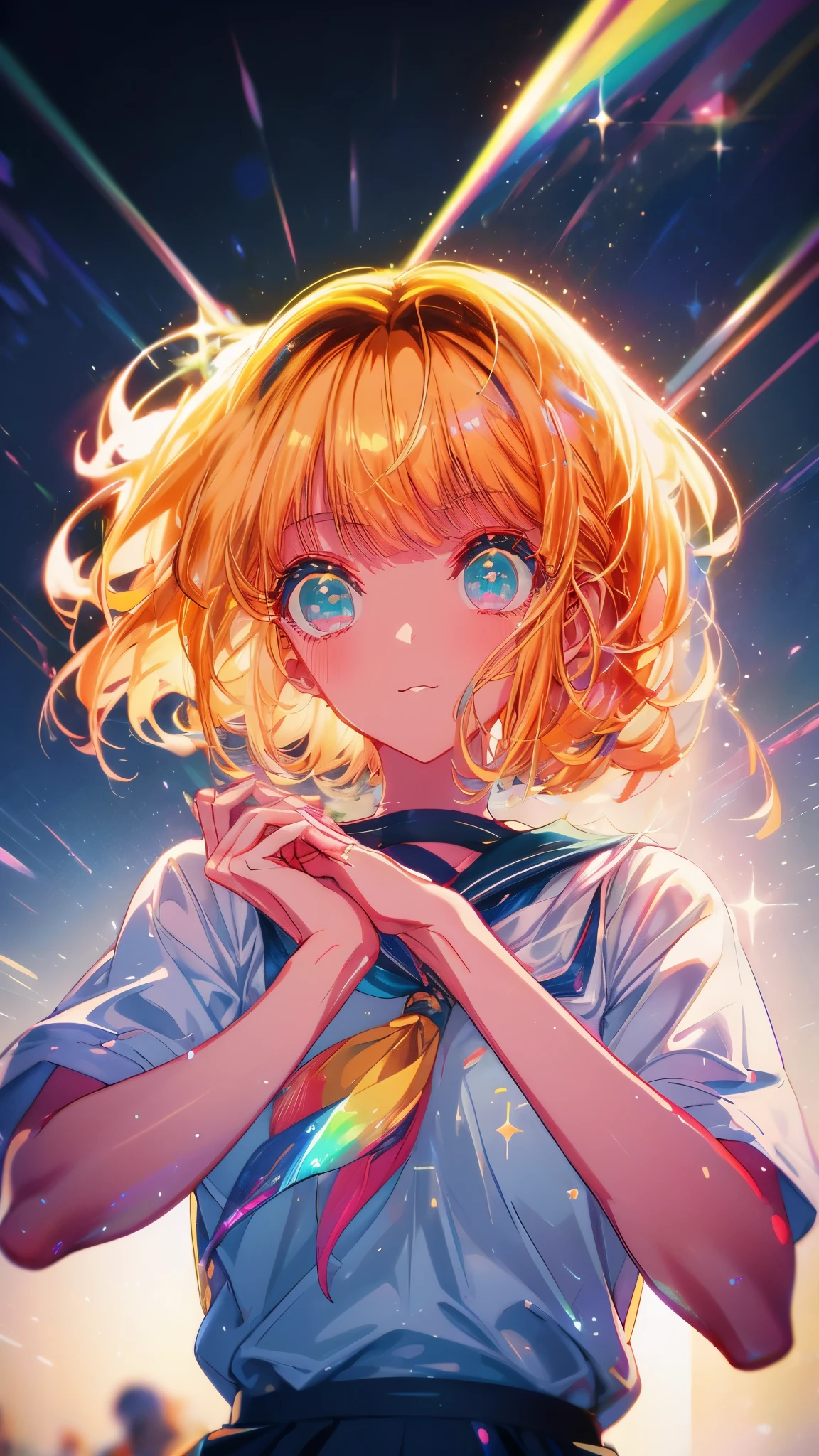 Shining like a star, Angelのような笑顔, Watching over us floating in the night sky, Shining Star々, Angel, Bringing Happiness, ＪＫ, High school student sailor uniform, Orange Gold Hair、Idol Aura、Sparkling Eyes、Keep your hands hidden or clean、