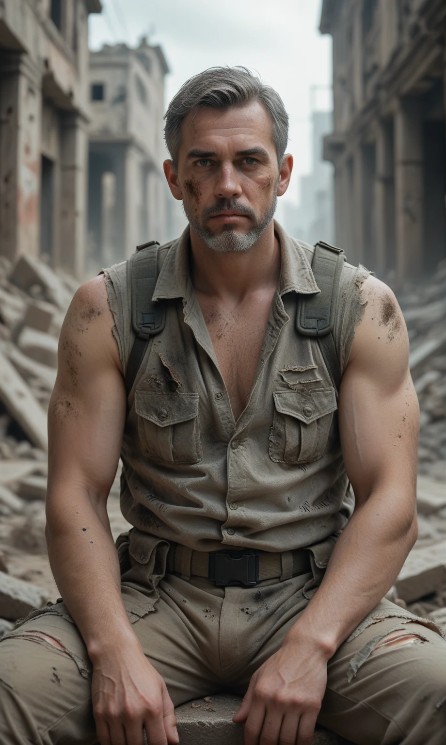 Post-apocalypse, thin middle-aged man, gray beard, dirty clothes, torn vest, dirty military unloading, sits on ruins, destroyed city, gloomy photo, looks at viewer, depth of field, bokeh