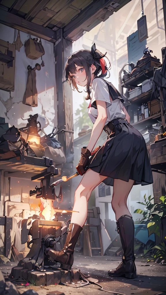 (Blacksmith schoolgirls, teenage girls, Soft lips, Glowing Skin, Braided Hair, Soft Skin:1.25, Hair Ribbon, Concentrated expression,Long gloves:1.25,Swing the hammer high,holding a hammer in hand,Staring at the sword,she:1.25,Put one knee on the ground,squat、Leather long boots),(8k, Best Quality, masterpiece:1.2, masterpieceHighly detailed, Very detailed), Vibrant colors, Line art,Flames Dancing