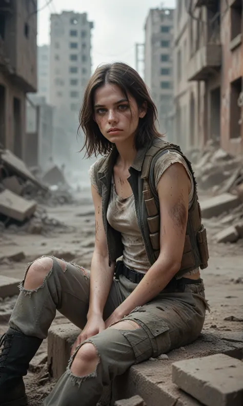 post-apocalypse, thin middle-aged women, , dirty clothes, torn vest, dirty military unloading, sits on ruins, destroyed city, gl...