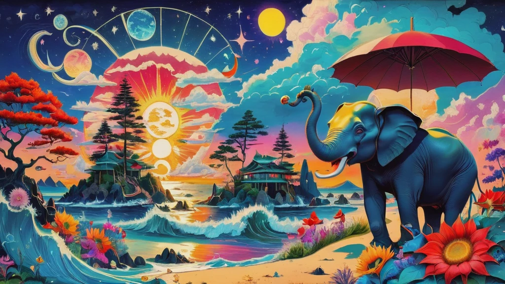 A vibrant and whimsical pop art graphic design featuring （（（Mona Lisa wearing trendy sunglasses and cat ears）））, set against a backdrop of stylized Ukiyo-e waves, sky, and clouds, with a sun-kissed beach and a sea of colorful cats and octopuses scattered throughout. The scene is filled with eclectic elements, including floating clocks reminiscent of Salvador Dali, playful aliens and UFOs, a bright sun, stars, and a crescent moon, all blending together in a surreal and dreamlike atmosphere. Cute little monsters, sunflowers, and superstars add to the visual chaos, while nods to famous artists like Andy Warhol, Van Gogh, and Picasso are sprinkled throughout. Holy grail symbols, intricate line art, and woodblock print textures add depth and visual interest. A red bloom of flowers and an umbrella-toting elephant make a whimsical appearance, surrounded by bold, bright colors and playful patterns.