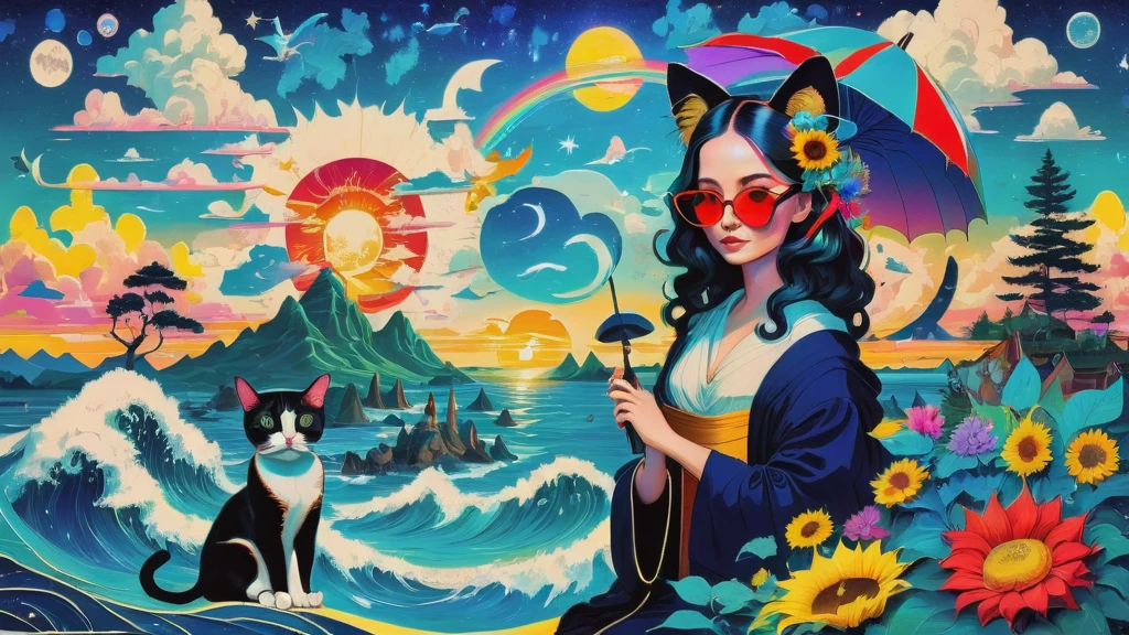 A vibrant and whimsical pop art graphic design featuring (((Mona Lisa wearing trendy sunglasses and cat ears))), set against a backdrop of stylized (((Ukiyo-e waves))), sky, and clouds, with a sun-kissed beach and a sea of (((colorful cats))) and (((octopuses))) scattered throughout. The scene is filled with eclectic elements, including (((floating clocks))) reminiscent of Salvador Dali, playful aliens and UFOs, a bright sun, stars, and a crescent moon, all blending together in a surreal and dreamlike atmosphere. Cute little monsters, sunflowers, and superstars add to the visual chaos, while nods to famous artists like Andy Warhol, Van Gogh, and Picasso are sprinkled throughout. Holy grail symbols, intricate line art, and woodblock print textures add depth and visual interest. A red bloom of flowers and an umbrella-toting elephant make a whimsical appearance,  Mona Lisa wearing trendy sunglasses and cat ears， surrounded by bold, bright colors and playful patterns.