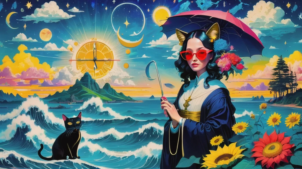 Mona Lisa, cats, clock, ukiyo-e, UFO, A vibrant and whimsical pop art graphic design featuring (((Mona Lisa wearing trendy sunglasses and cat ears))), set against a backdrop of stylized (((Ukiyo-e waves))), sky, and clouds, with a sun-kissed beach and a sea of (((colorful cats))) and (((octopuses))) scattered throughout. The scene is filled with eclectic elements, including (((floating clocks))) reminiscent of Salvador Dali, playful aliens and UFOs, a bright sun, stars, and a crescent moon, all blending together in a surreal and dreamlike atmosphere. Cute little monsters, sunflowers, and superstars add to the visual chaos, while nods to famous artists like Andy Warhol, Van Gogh, and Picasso are sprinkled throughout. Holy grail symbols, intricate line art, and woodblock print textures add depth and visual interest. A red bloom of flowers and an umbrella-toting elephant make a whimsical appearance,  Mona Lisa wearing trendy sunglasses and cat ears， surrounded by bold, bright colors and playful patterns.