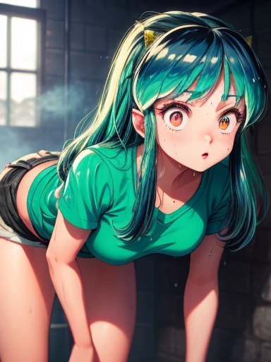 Lum invadeer, big , wet, sweat, Best Quality, Ultra High Definition, Max Resolution, Ultra Detail, Anime, Bottom, A Girl, Very Cute, Medium Hair, Black Hair, Hair Ribbon, Hairpin, Colored Eyes, Short Shorts