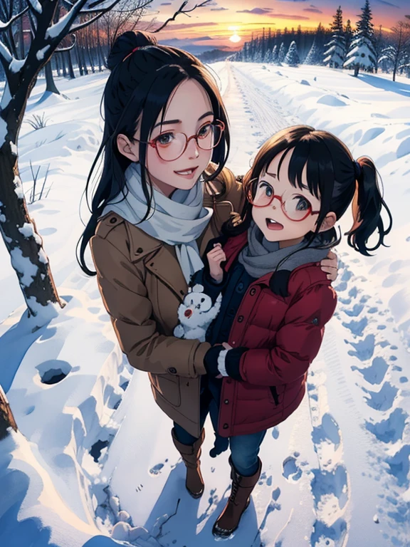 masterpieceThe best quality，High image quality，(Superflat, Flat Shading )，Fisheye Lens，Glasses，Beautiful petite trained young mother and her very cute trained daughter:1.25，Warm scarf， (naked)，Long Hair, Boots, smile, smile, White Breath，steam，fun, play, winter, snow, dusk，Beautiful sunset wide angle, Vibrant colors, watercolor, Ghibli style，Strong winds，Woman&#39;s Temptation，